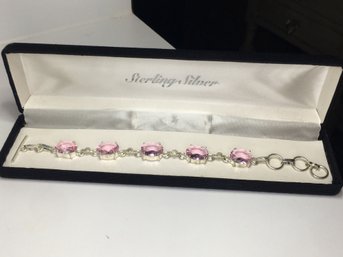 Beautiful 925 / Sterling Silver Toggle Bracelet With Pink Tourmaline - 8' Long - Very Nice - Brand New !