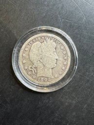 1892 Barber Silver Quarter