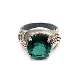 Vintage Sterling Silver Large Emerald Color Stone Ornate Ring, Size 4.75