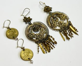 Two Pair Vintage Brass Earrings