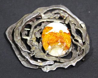 Fantastic Large Brutalist Sterling Silver Brooch Having Picture Agate Stone