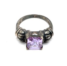 Beautiful Sterling Silver Amethyst Color Stone Ornate Ring, Size 7.9