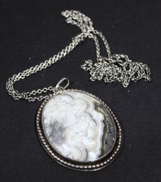 Gorgeous Vintage Large Sterling Silver Pendant On Sterling Chain Agate Stone