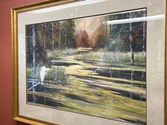 R.E. Christian 1987 Framed Painting - White Herons In Marsh