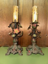 Pair Antique Floral Toleware Candlestick Lamps