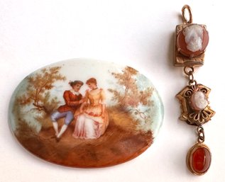 Vintage Hand Painted Courting Couple Porcelain Disc & Double Cameo Pendant By Lula