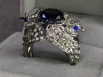 Fantastic Sterling Silver / 925 Ring With Eagle Heads Large Sapphire With Sapphire Eyes - Very Unusual Ring