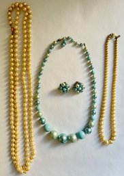 3 Vintage Faux Pearl Necklaces, Blue With Matching Clip-On Earrings