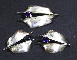 Artisan Studio Signed Sterling Silver & Amethyst Gemstone Brooch & Earrings Suite