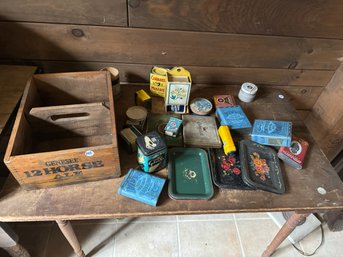 GENESEE BEER BOX FULL OF ANTIQUE TINS