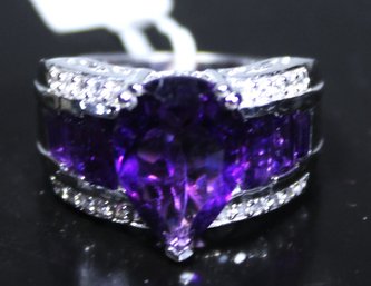 Large Sterling Silver Cocktail Dinner Ring Amethyst And White Stone Ladies Ring Size 7