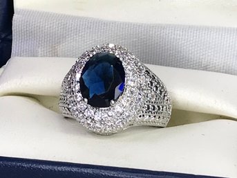 Beautiful Sterling Silver / 925 Dome Ring Sapphire And Pave White Zircons - Very Pretty Ring - Brand New !