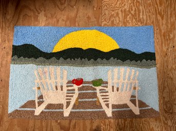 Hand Hooked Doormat / Washroom Mat With The Sun Rise & Enjoying The View Seating In The Chairs. TT/B1