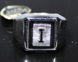Vintage Never Worn Sterling Silver Black Onyx Men's Signet Ring Initial 'I' Size 9.5