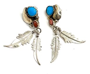 Beautiful Native American Sterling Silver Hallmarked Turquoise And Coral Feather Dangle Earrings