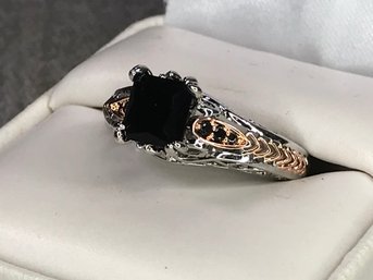 Lovely Brand New Sterling Silver With Rose Gold Overlay With Onyx - Very Pretty Ring - Never Worn - Nice !