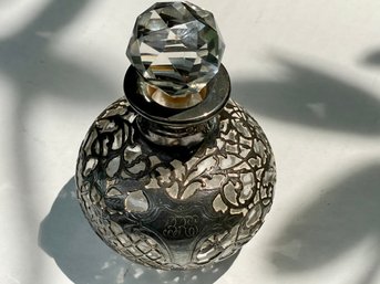 Antique Glass Scent Decenter/ Perfume Bottle With Sterling Silver Overlay