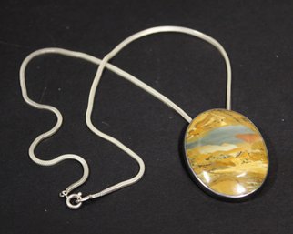 Artist Signed MCM Studio Designed Artisan Pendant & Chain Petrified Wood