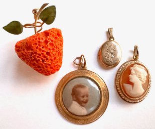 4 Vintage Pendants: 14K Gold Cameo, 14K Gold Locket, 14K Gold Baby Portrait & Strawberry With 750 Gold Hook