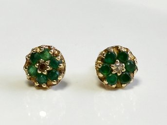 A Pair Of 14K Gold, Jade, And Diamond Earrings (One Stone Missing)