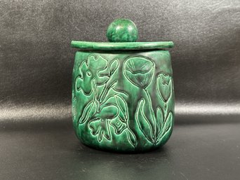 A Gorgeous Vintage Studio Pottery Canister In Green, Signed