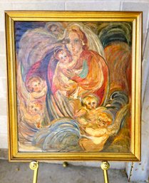 1920 Art Deco Signed Oil On Canvas Painting-Madonna & Child