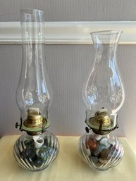 Pair Of Lamplight Farms Oil Hurricane Lamps Filled With Marbles & Gemstones