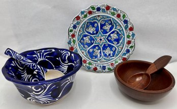 Hand Painted Ceramic Bowl From Turkey & 2 Sets Of Bowls With Matching Soup Spoons