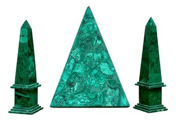 Vibrant Malachite Pyramid And Pair Of Obelisks