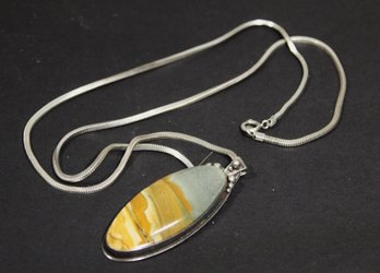 Vintage MCM Studio Artisan Sterling Silver Chain Pendant Necklace Petrified Wood