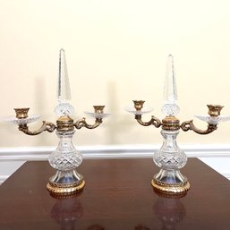 A Pair Of French Chrystal Ormolu Dore Obelisk Candle Holders