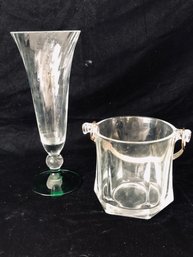 Delicate Green Stemmed Hand-blown Vase And Glass Ice Bucket