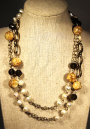 Gold Tone, Stone, Pearl And Art Glass Beaded Designer Signed Necklace