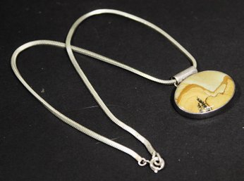 Very Fine Studio Sterling Silver Pendant On Sterling Silver Chain Petrified Wood Oval Form