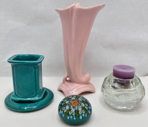 Vintage 1950s Pink Vase, Small Green Vase With Coaster, Glass Candle Holder & Italian Millefiori Paper Weight