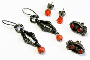 Vintage 1970's Coral And Silver Earrings