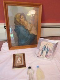 Religious Lot Of Mary Items Holy Water Print