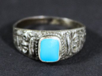 Fine Sterling Silver Cast Ring Having Genuine Turquoise Inlay Stone Size 1.5