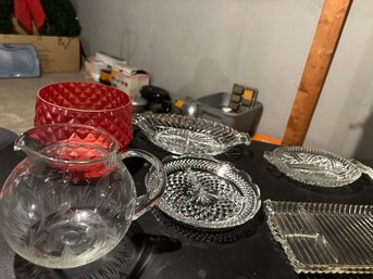 Pitcher,  Red Glass Planter And More
