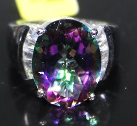 Sterling Sivler Large Cocktail Dinner Ring Rainbow Stone W White Gemstones Size 6