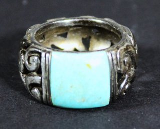 Wonderful Wide Band Sterling Silver Turquoise Stone Band Ring Size 7