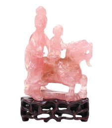 Authentic Rose Quartz Chinese Standing Guanyin And Child Sitting On Foo Dog Figure Carving Circa 1900