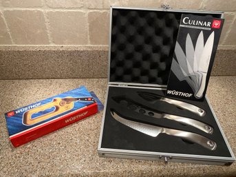 Set Of 3 Wusthof German Knives In Metal Case Along With A Wusthof Knife Sharpener