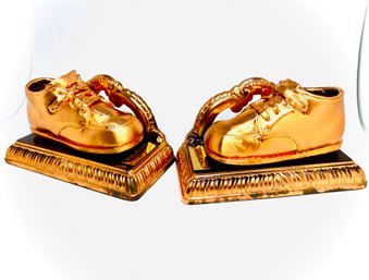 Cast Copper Colored Baby Shoe Bookends (With Engraved Plates 'RYAN  SWEENEY JULY 15, 1990')