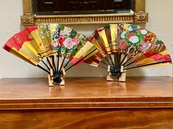 Reversible Decorative Japanese Paper Fans With Stands - 1996 Shimoda, Japan