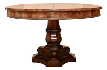 Walnut Scallop Veneer Dining Scrolled Pedestal Table With Sleeves And Pads