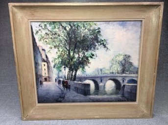 (1 Of 2) Vintage Oil On Canvas Painting By LOUIS DALI - Bridge, People, Buildings, Nice Painting & Patina