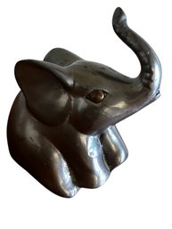 Pewter Baby Elephant Brass Eyes Sitting Trunk Up Good Luck Figurine Unique