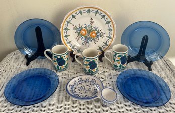 Handpainted Pottery Paired With Cobalt Glass Plates (4)