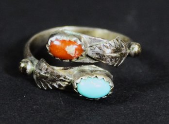 Vintage Southwestern Sterling Silver Turquoise & Coral Ring Size 6.5